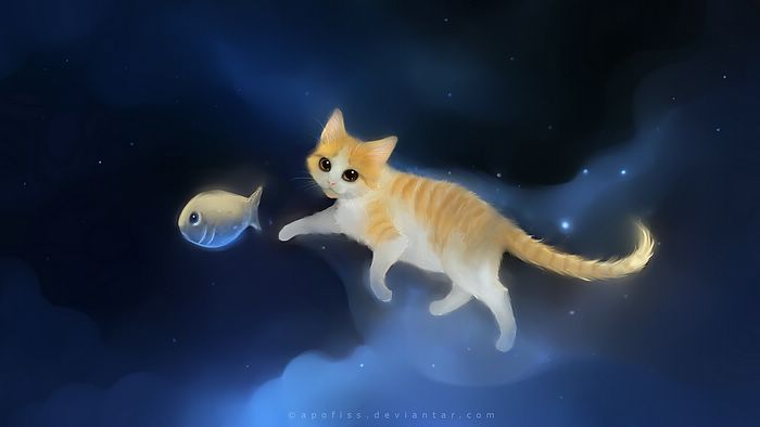 By Apofiss Chasing My Fish Cute Little Cat Drawings Wallpaper