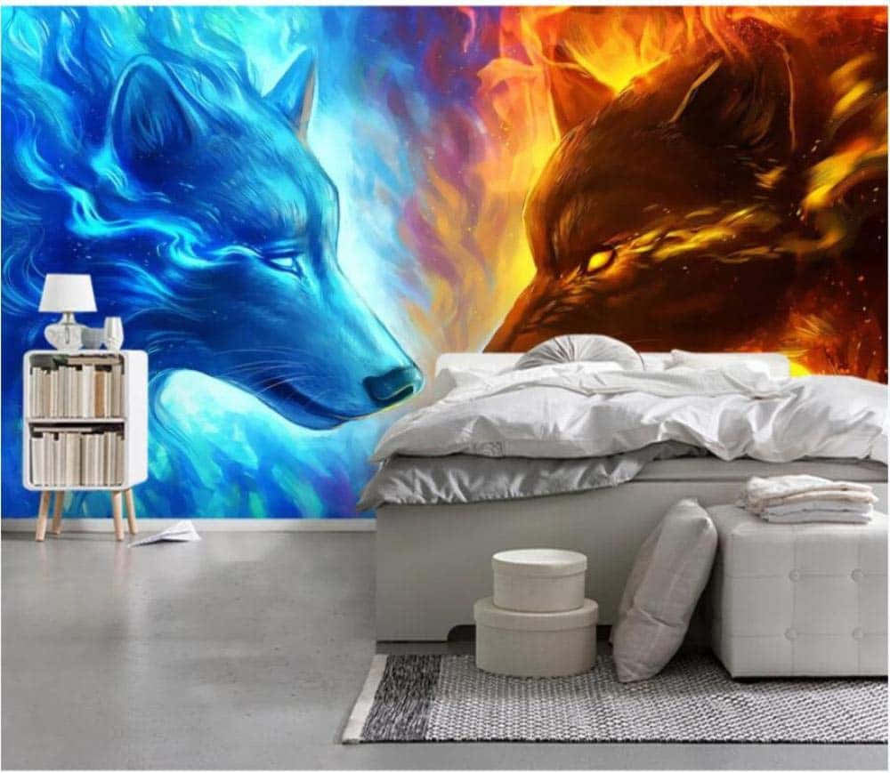 A Powerful Fire And Ice Wolf Stands Proudly Against Backdrop Wallpaper