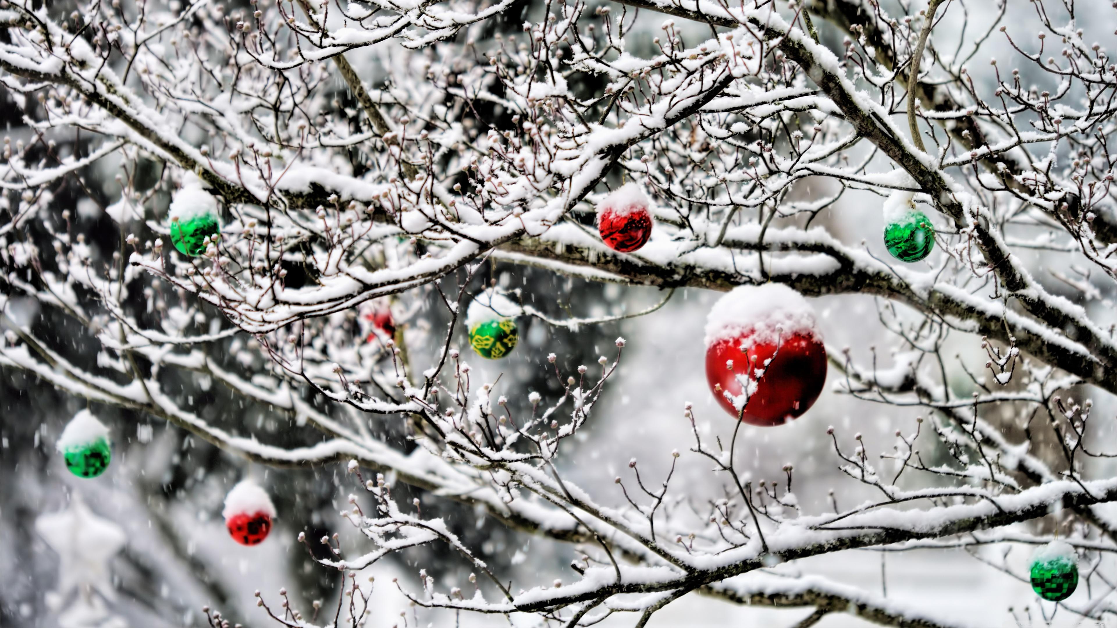 Christmas Ornaments In The Snow Ultra HD Desktop Background