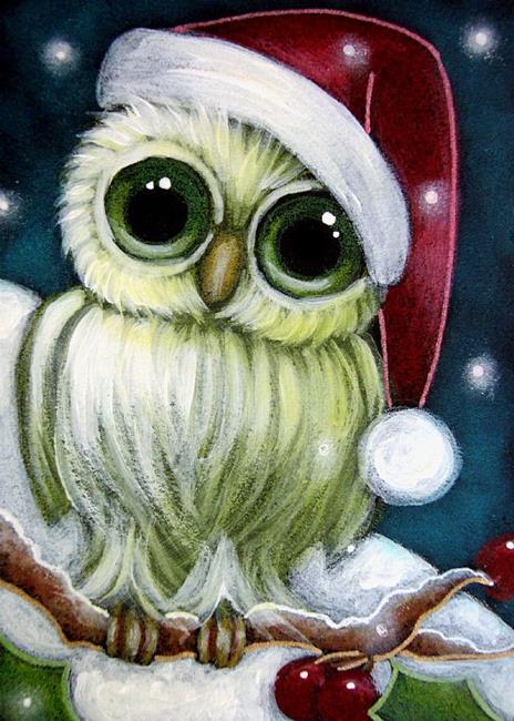Art Holiday Tiny Green Owl With Santa Hat By Artist Cyra R Cancel