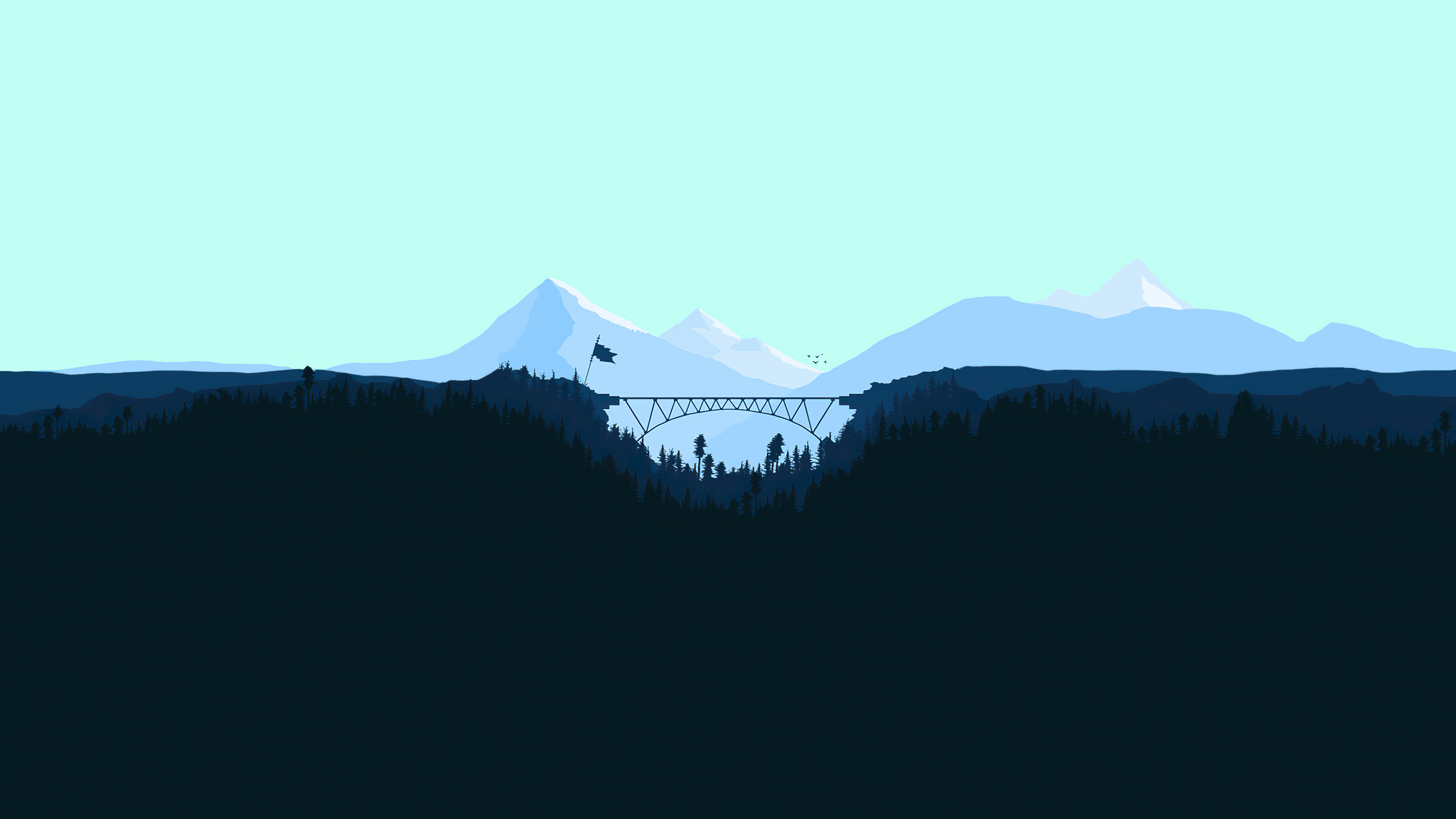 Minimalist 4k wallpaper featuring a bridge connecting two cliffs, surrounded by a forest and snow-capped mountains in the background