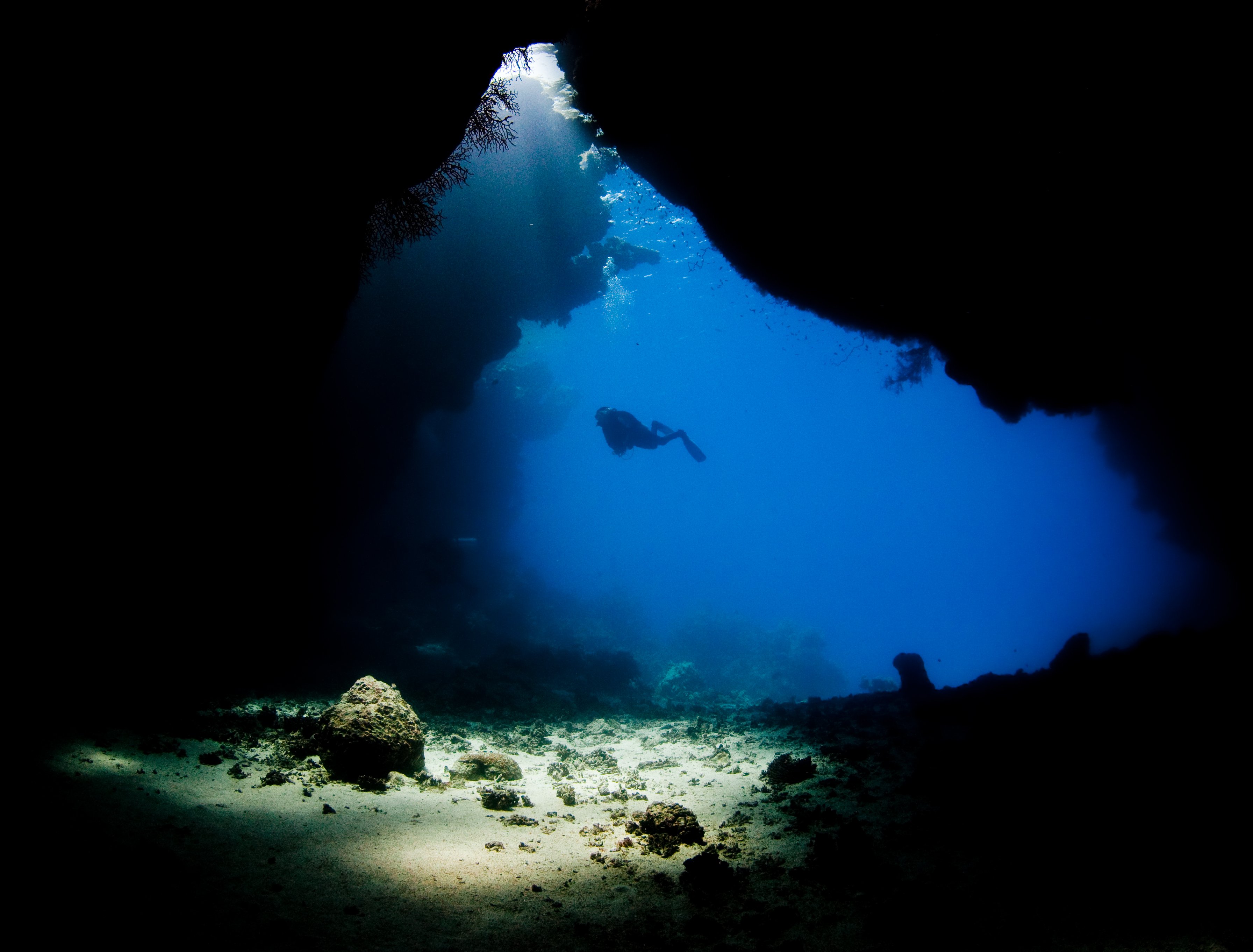 Scuba diving diver ocean sea underwater cave wallpaper 3584x2722