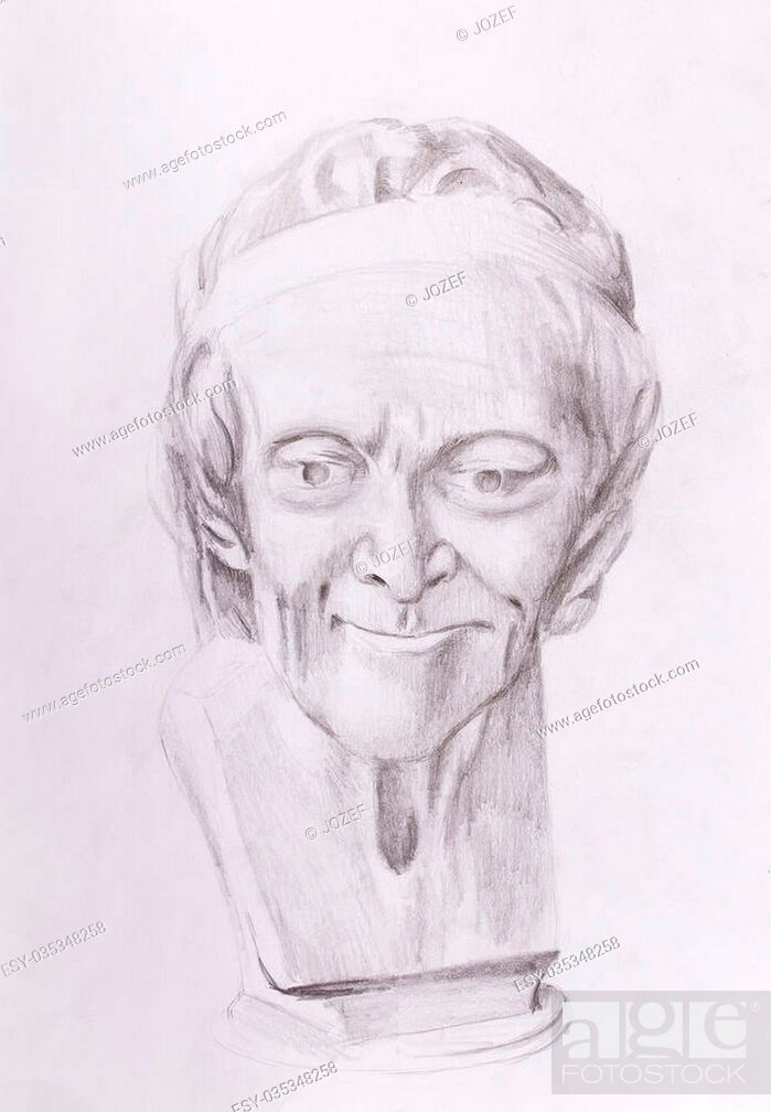 Drawing Of Philosopher Voltaire Sculpture On Abstract Background