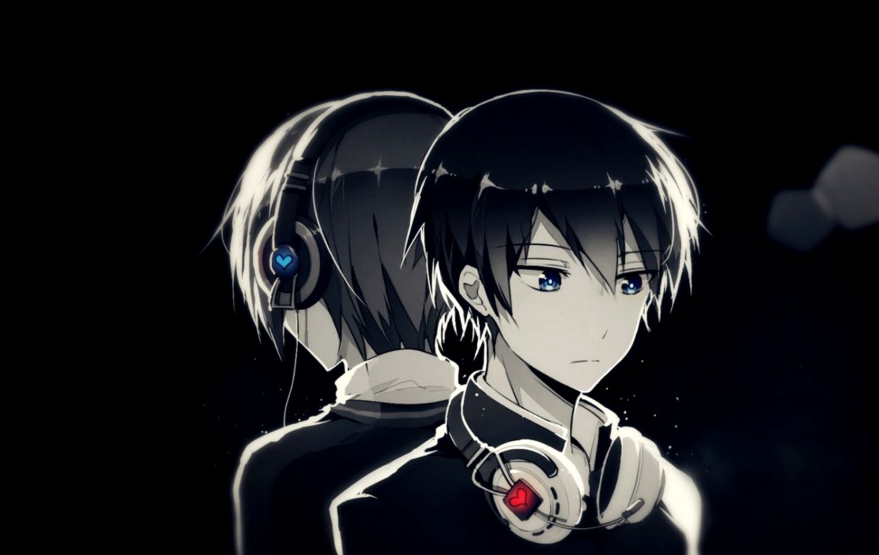 anime boy with headphones blue hair