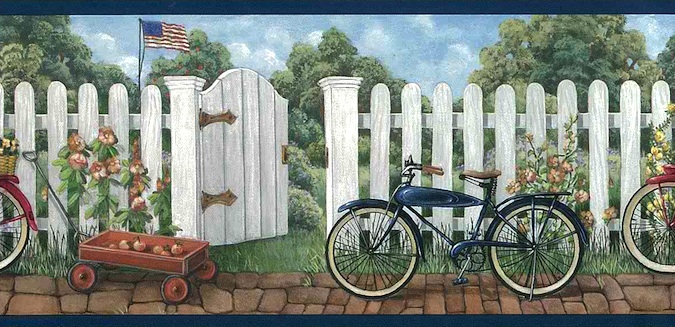 White Picket Fence Bicycles Americana Wallpaper Borders Village