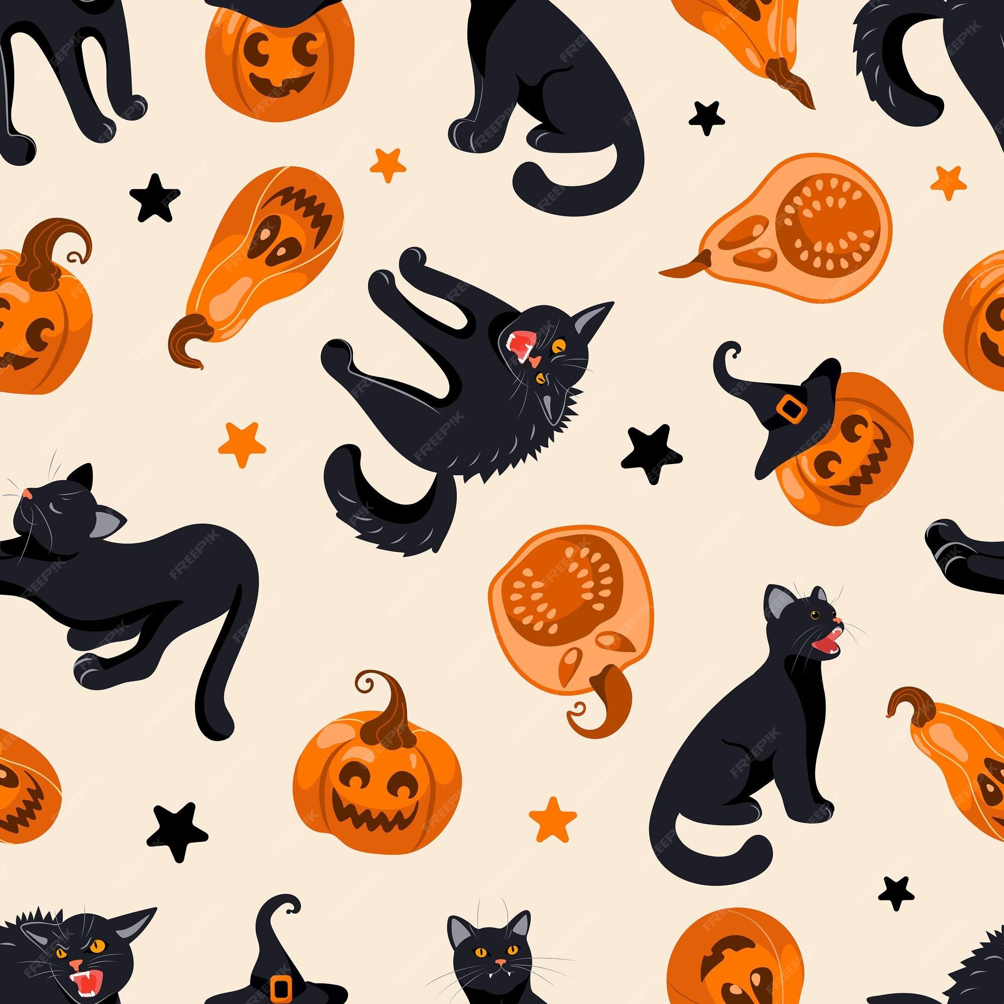 Premium Vector Halloween Seamless Pattern Black Cat Witch Hat