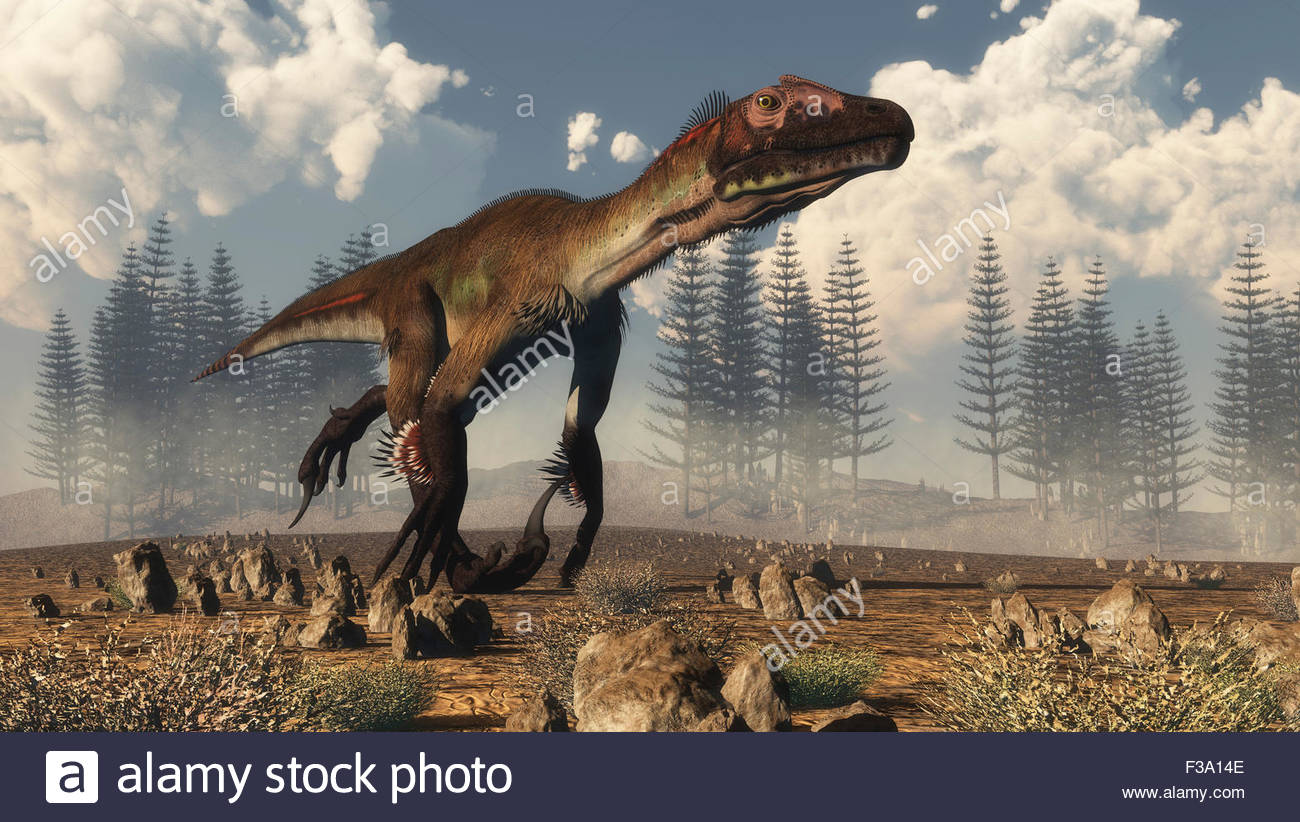 Utahraptor Dinosaur Running In The Desert With A Calamite Forest