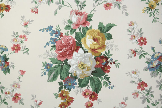 Floral Wallpaper Vintage Pink Yellow And White Cabbage Rose Bouquet
