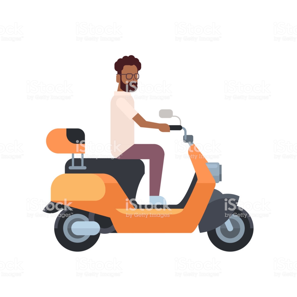 African Man Riding Electric Scooter Over White Background