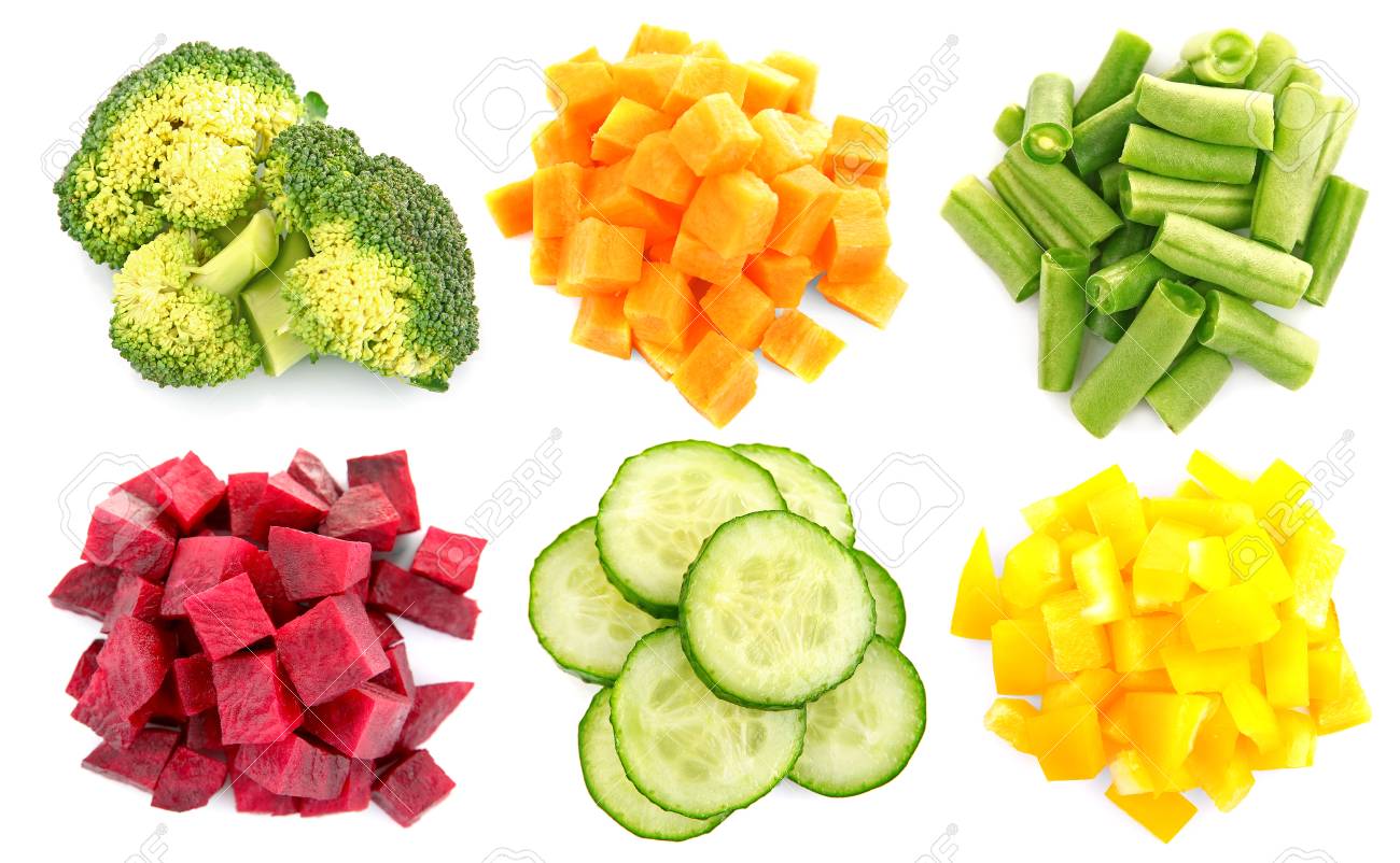 Variety Of Chopped Vegetables On White Background Stock Photo