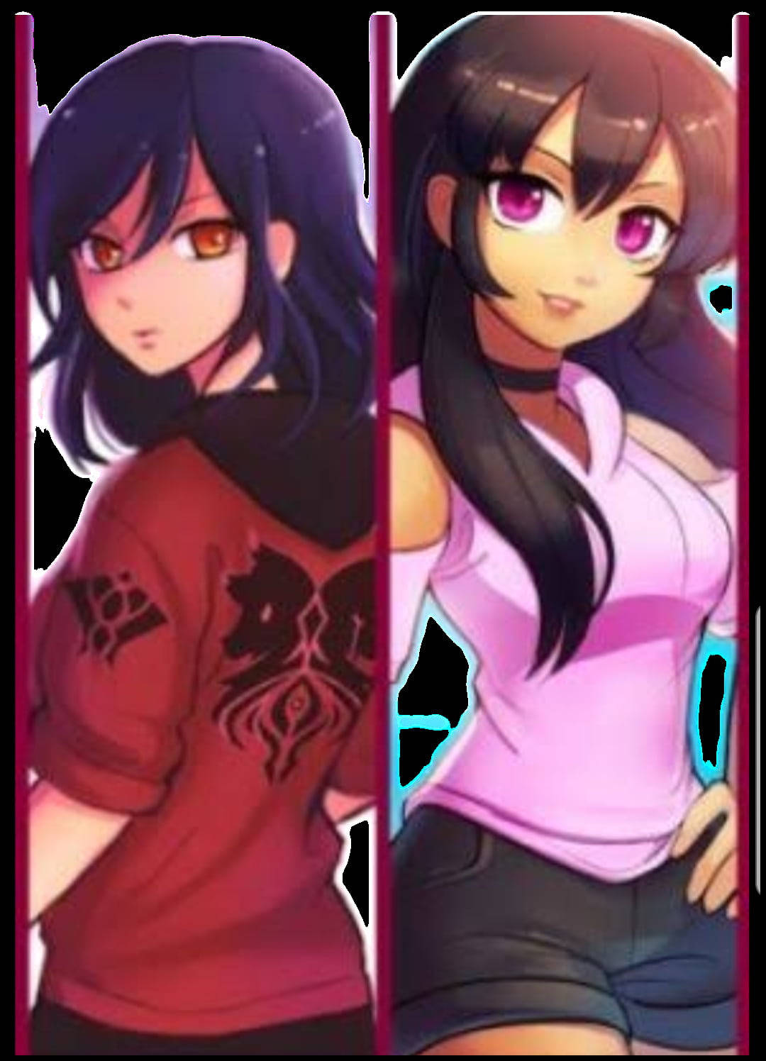 Two female anime characters, likely from the Aphmau universe, stand side-by-side. One wears a dark red hoodie with a tribal design, the other a light pink top and dark shorts