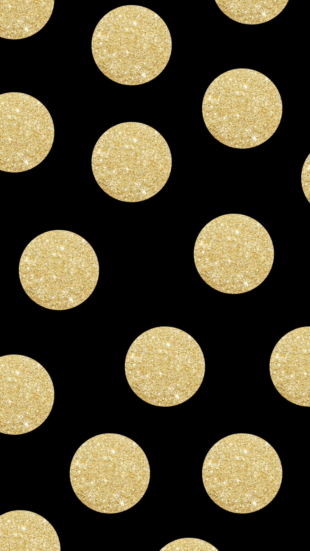 A chic and modern phone wallpaper featuring a bold pattern of gold glitter polka dots on a sleek black background