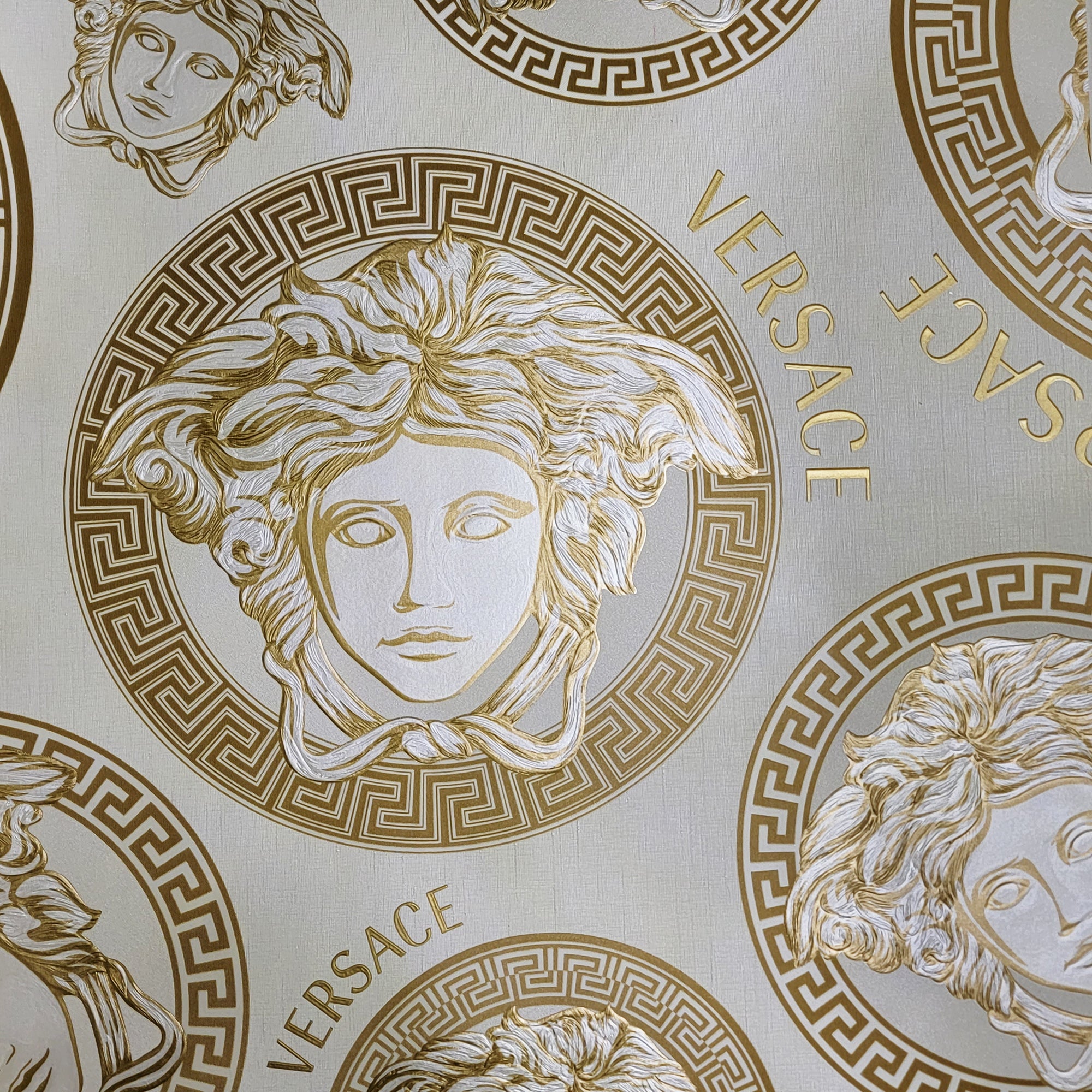 Medusa Versace Off White Gold Metallic Greek Key Circles