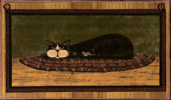 Primitive Folk Art Black Cat On Rug Picture By Zellnerprimitives