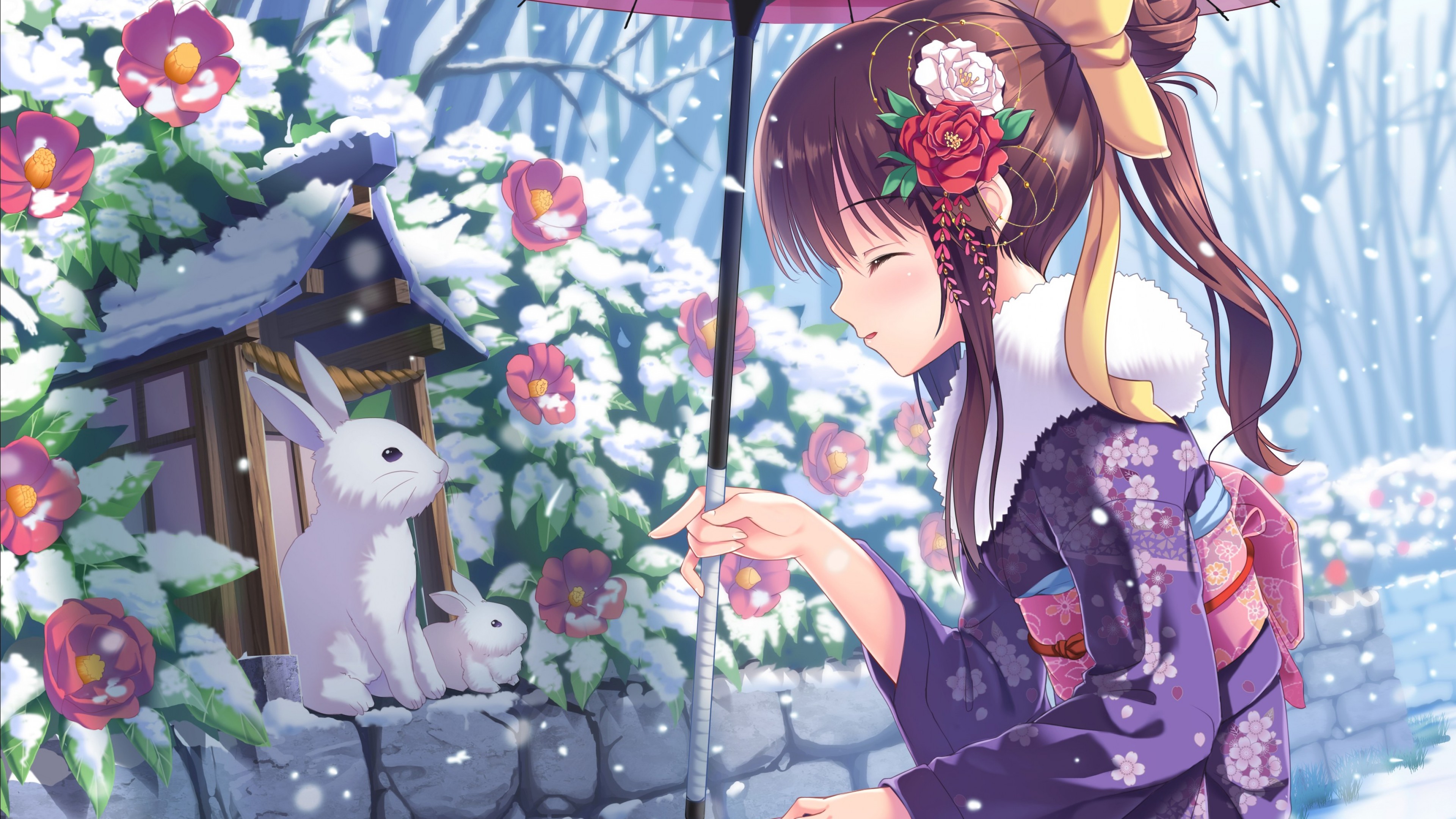 Wallpaper Anime Girl Beauty Winter Rabbits Snow 4k Art