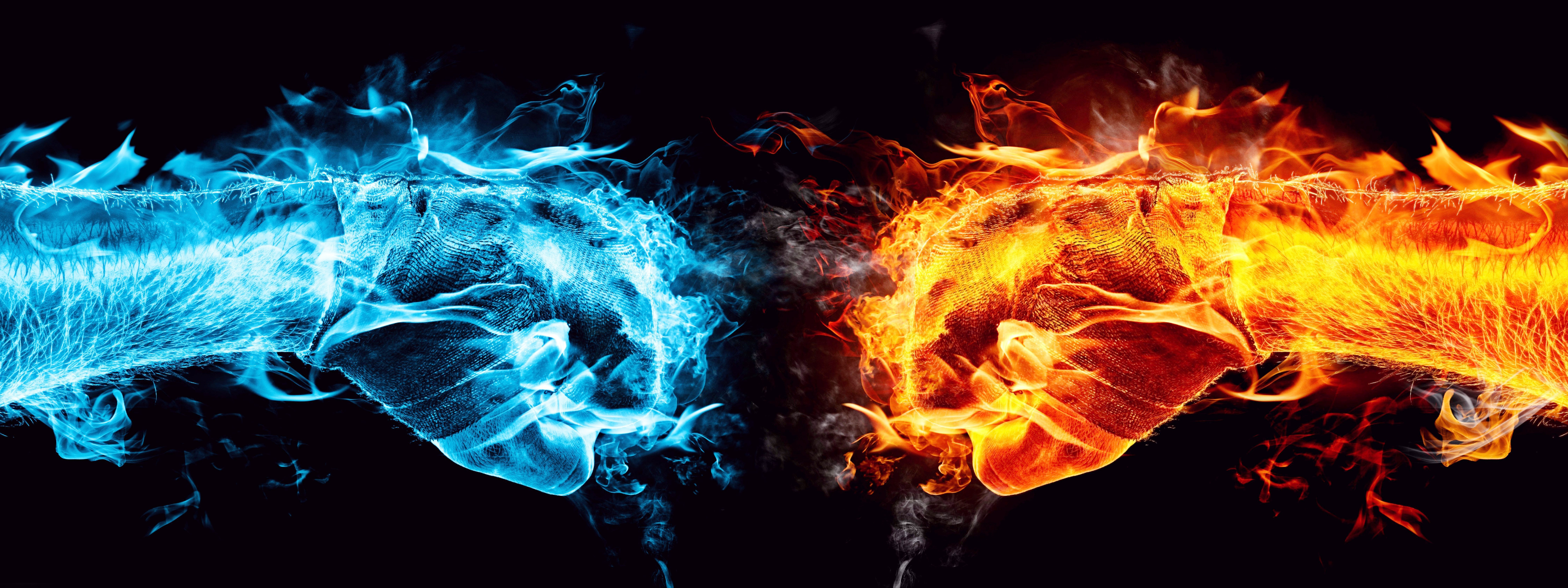 Water And Fire Fists Battle Dual Screen Wallpapers HD Desktop and