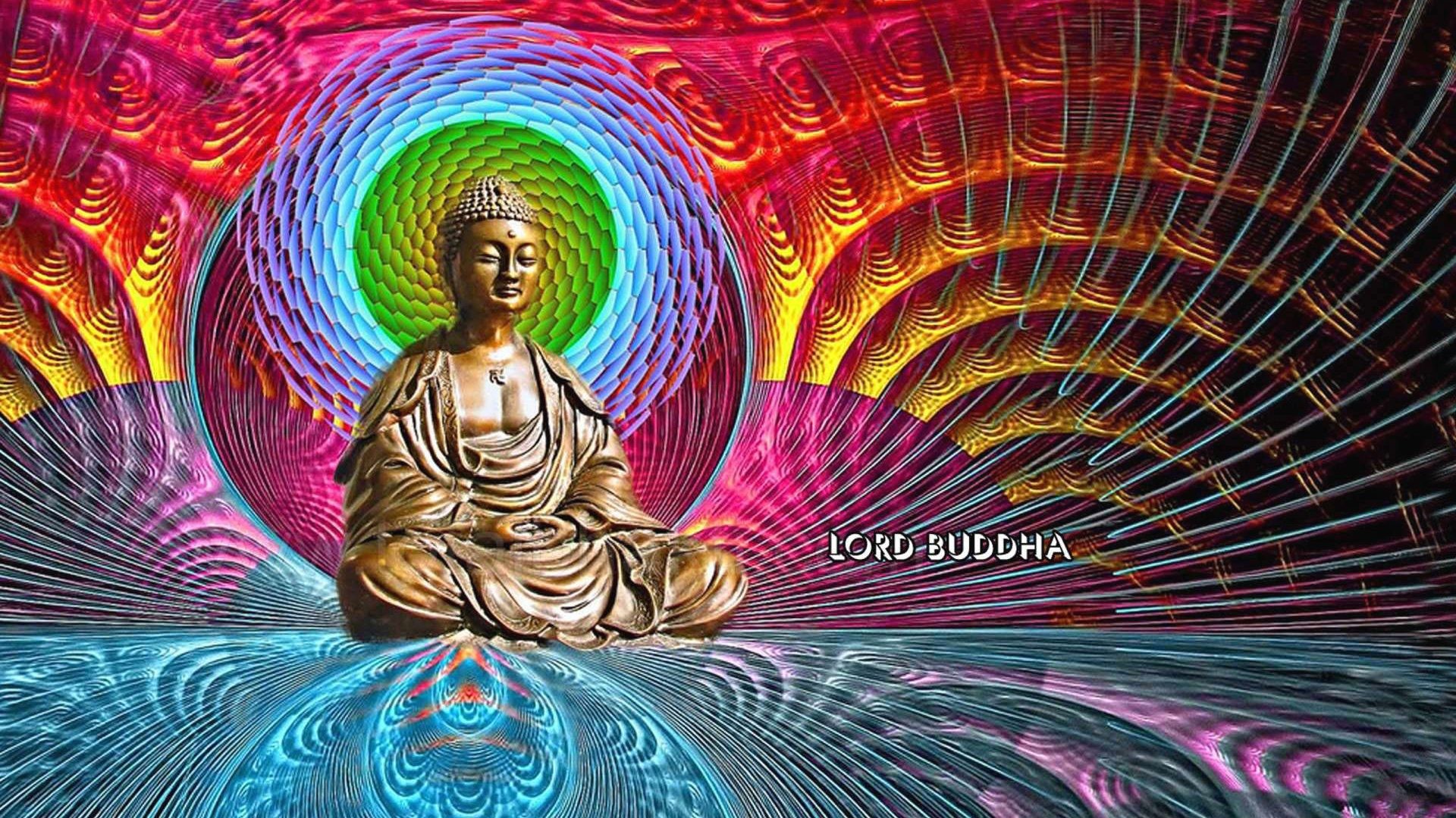 A serene bronze Buddha statue sits in meditation against a vibrant psychedelic backdrop, radiating peace and enlightenment