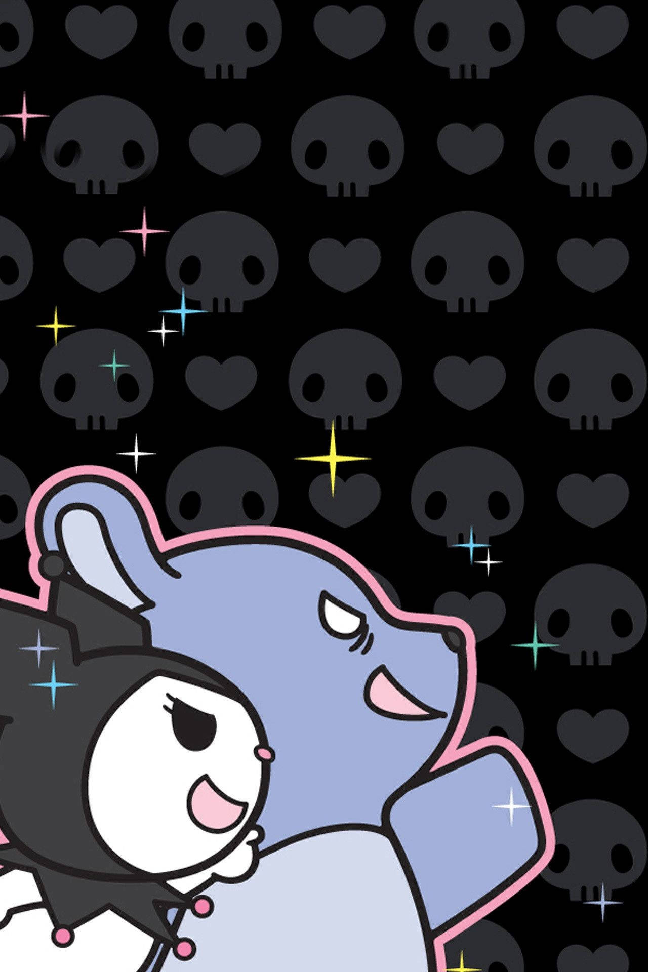 Kuromi with a stuffed bear against a background of skulls and hearts