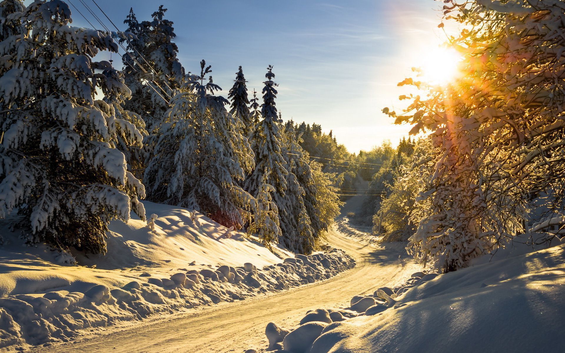 Mountain road full with snow   sunny winter day Beautiful Nature
