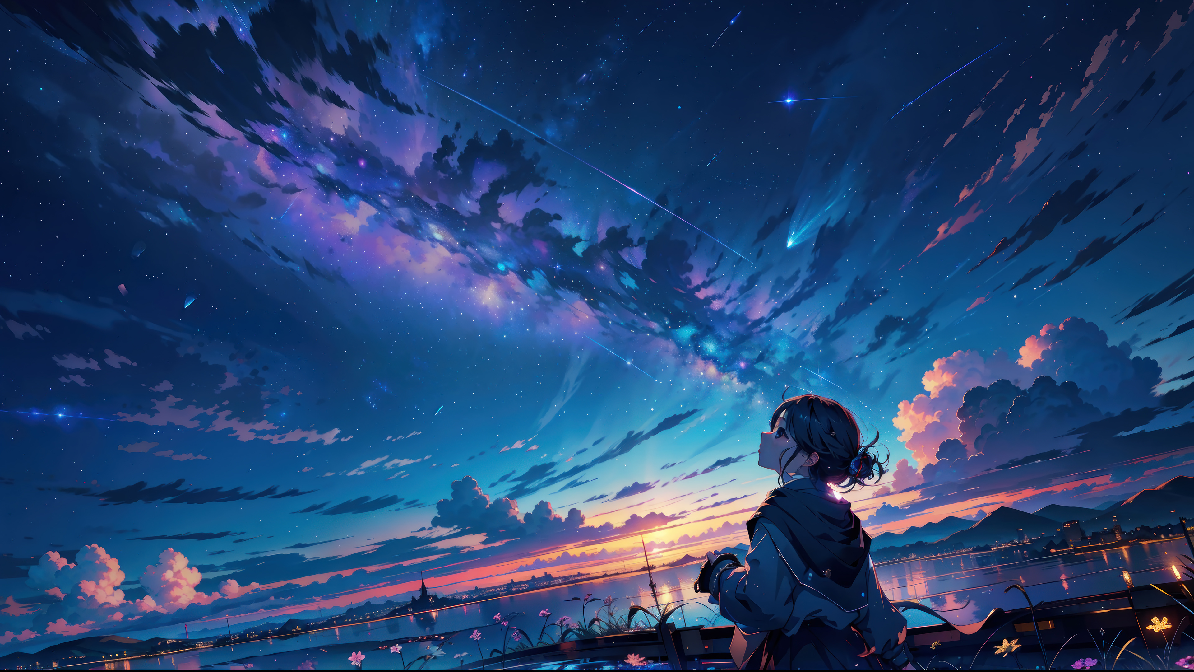 Anime girl watching a meteor shower over a tranquil cityscape at sunset, 4k wallpaper