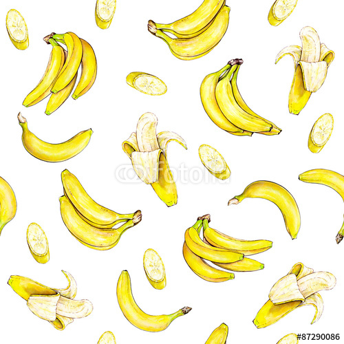 Bananas on white background Seamless pattern Watercolor illustration