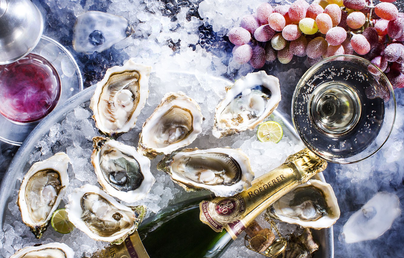 Wallpaper Ice Grapes Champagne Caviar Oysters Image For