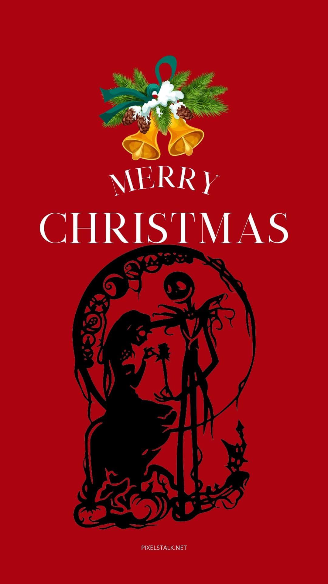 A Red Christmas Card With Silhouette Of Skeleton And