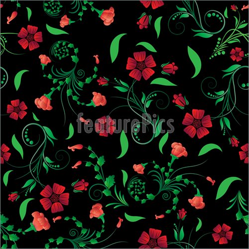 Red And Green On Black Floral Seamless Background