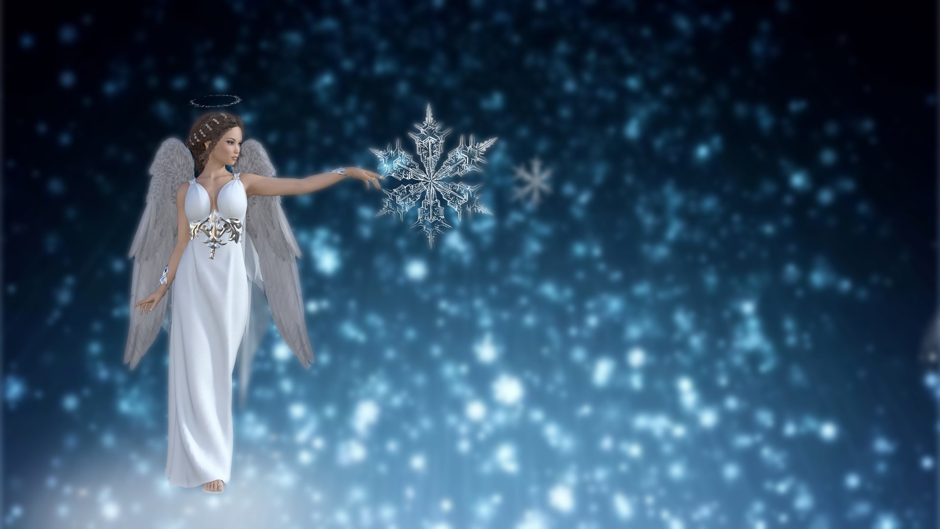 A beautiful snow angel with white wings and a flowing white gown conjures snowflakes against a backdrop of sparkling blue snow