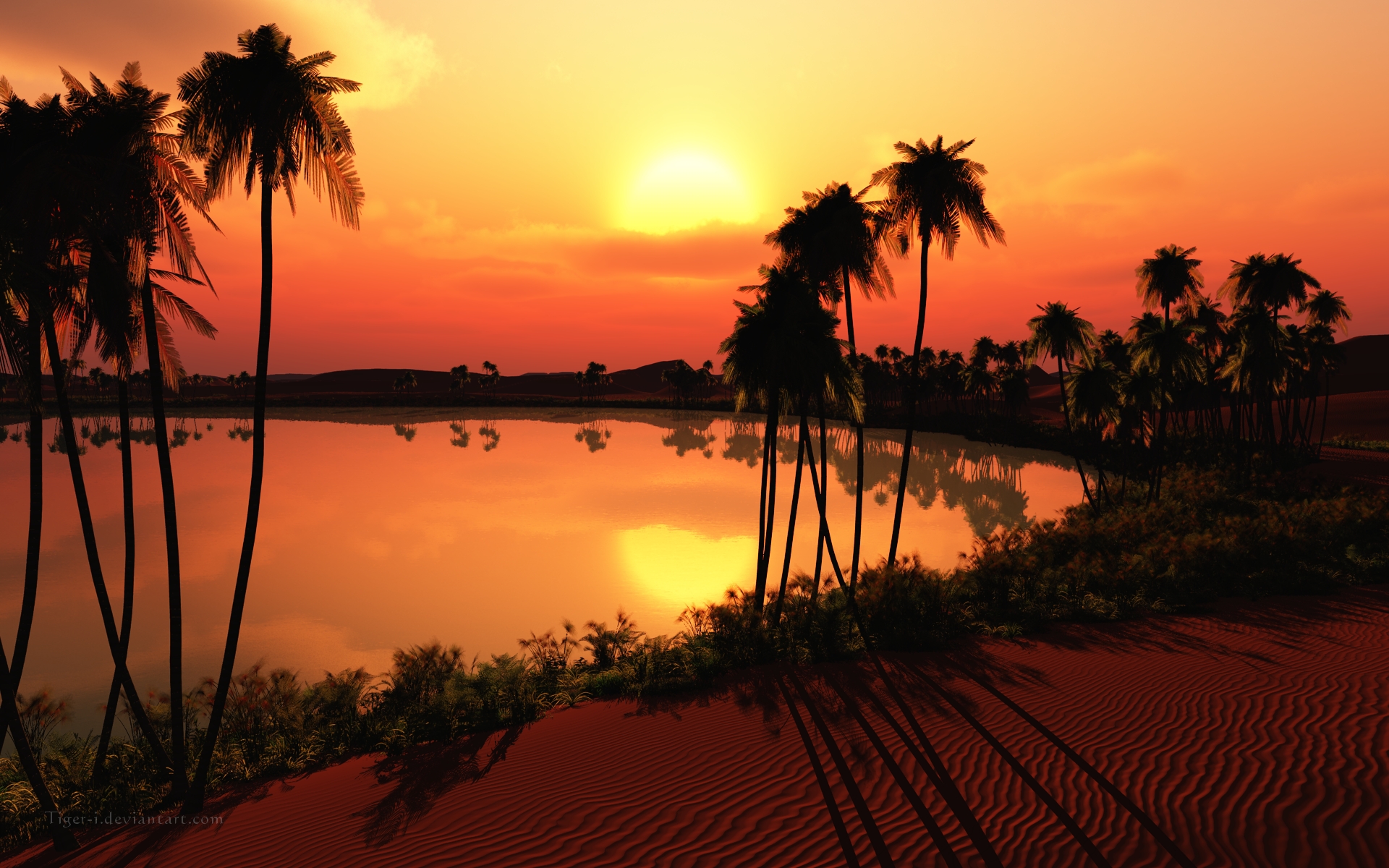 Oasis Sunset With Palm Trees desktop wallpaper WallpaperPixel