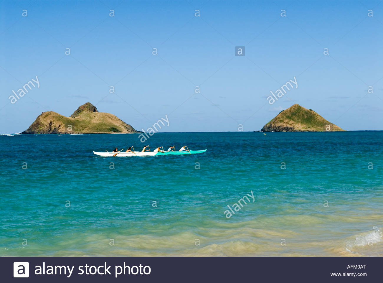 Outrigger Canoeists Off Lanikai Beach Mokulua Islands In