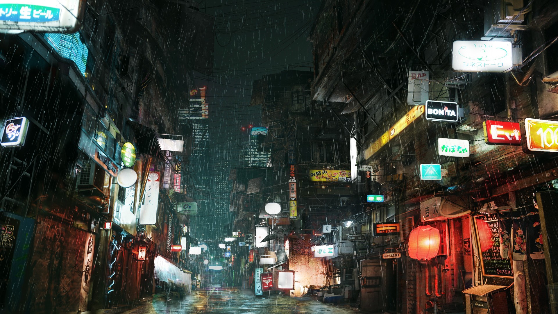 Street Advertisements Cyberpunk Lights City Rain Wallpaper