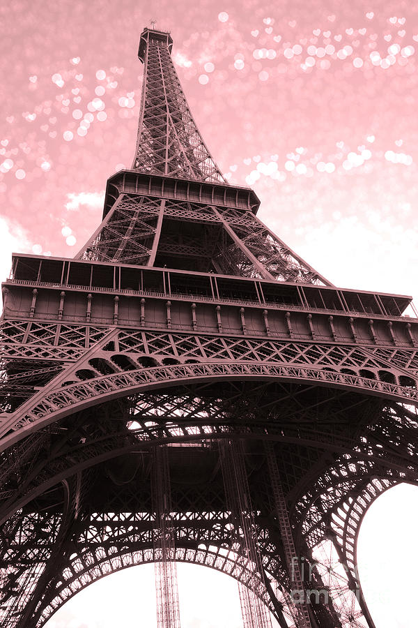 Paris Pink Eiffel Tower With Bokeh Hearts and Circles   Eiffel