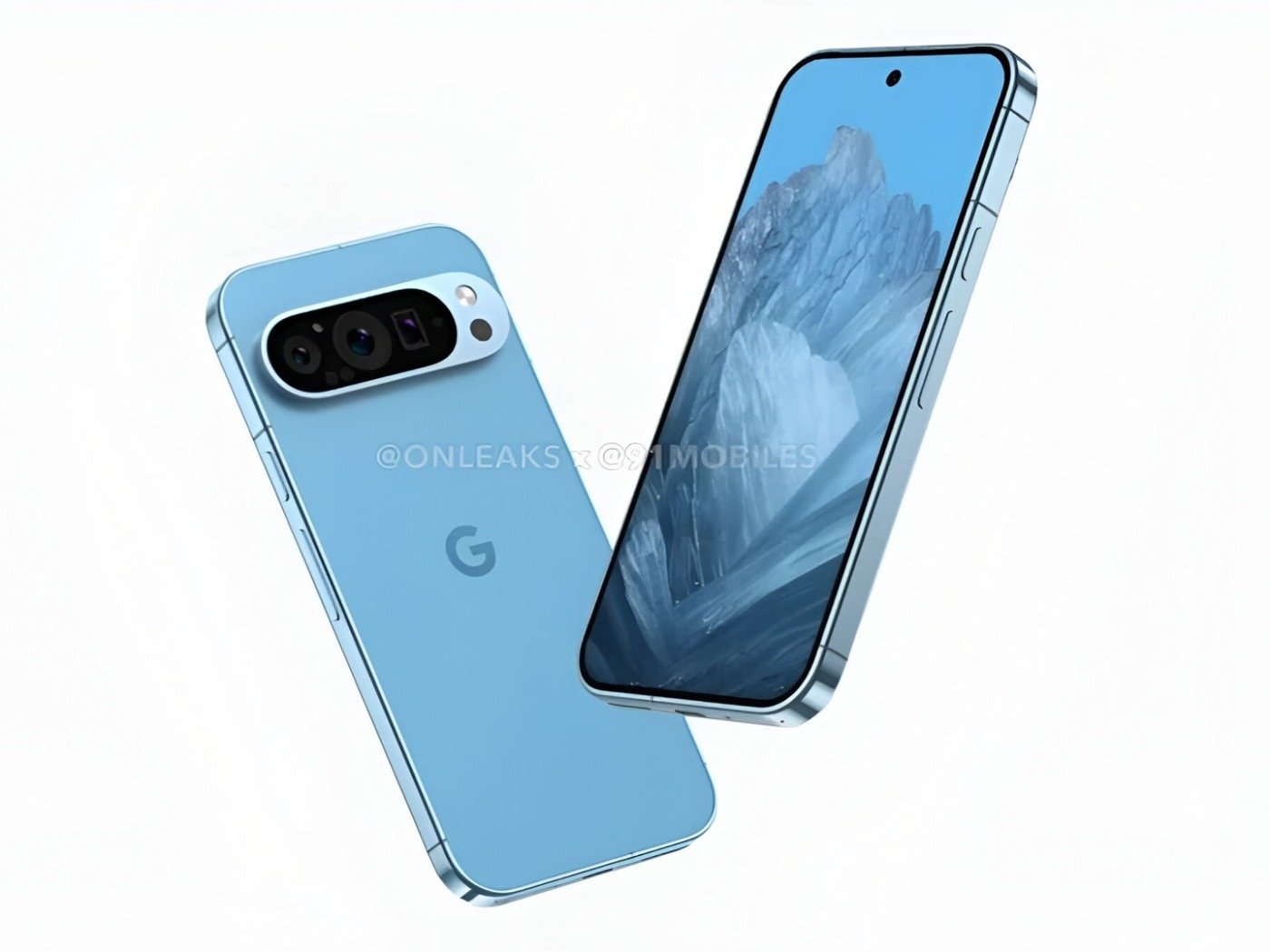 Leaked render of the Google Pixel 9 showcasing its light blue color and unique camera bar design