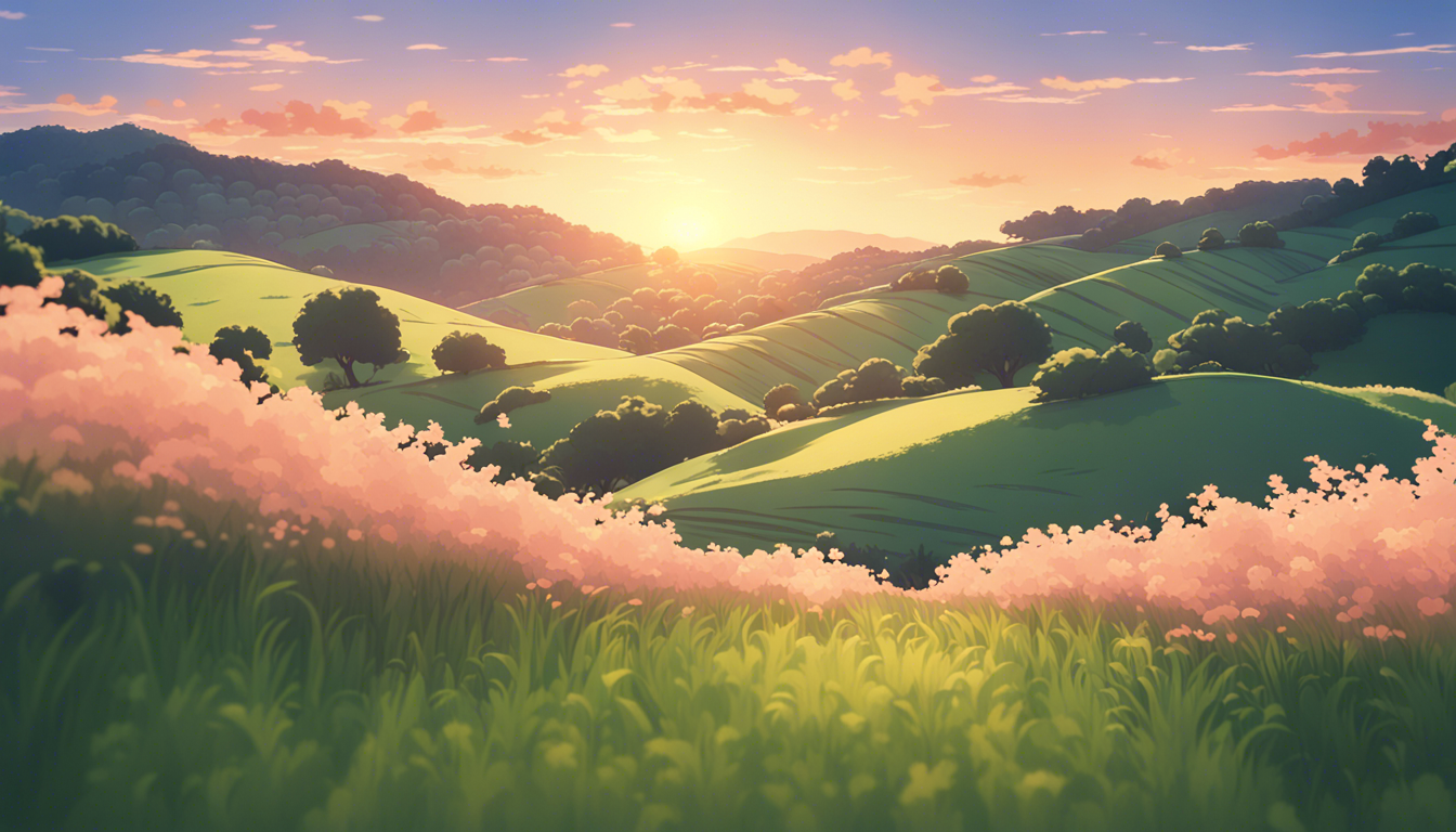 An Enchanting Anime Inspired Wallpaper Featuring A Peaceful And Serene Countryside Scenery At Sunset The Image Should Depict Rolling Hills Lush Greenery Clear Sky With Pastel Hues Let Warm Glow Of Setting Sun Illuminate Landscape Evoking Sense Tranquility Relaxation