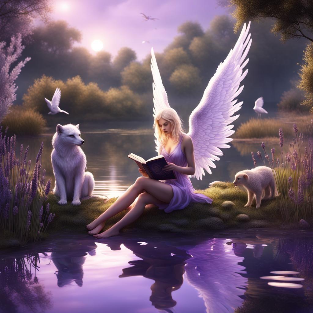 Lavender Angel Girl That Is At A Pond With Some Animals And