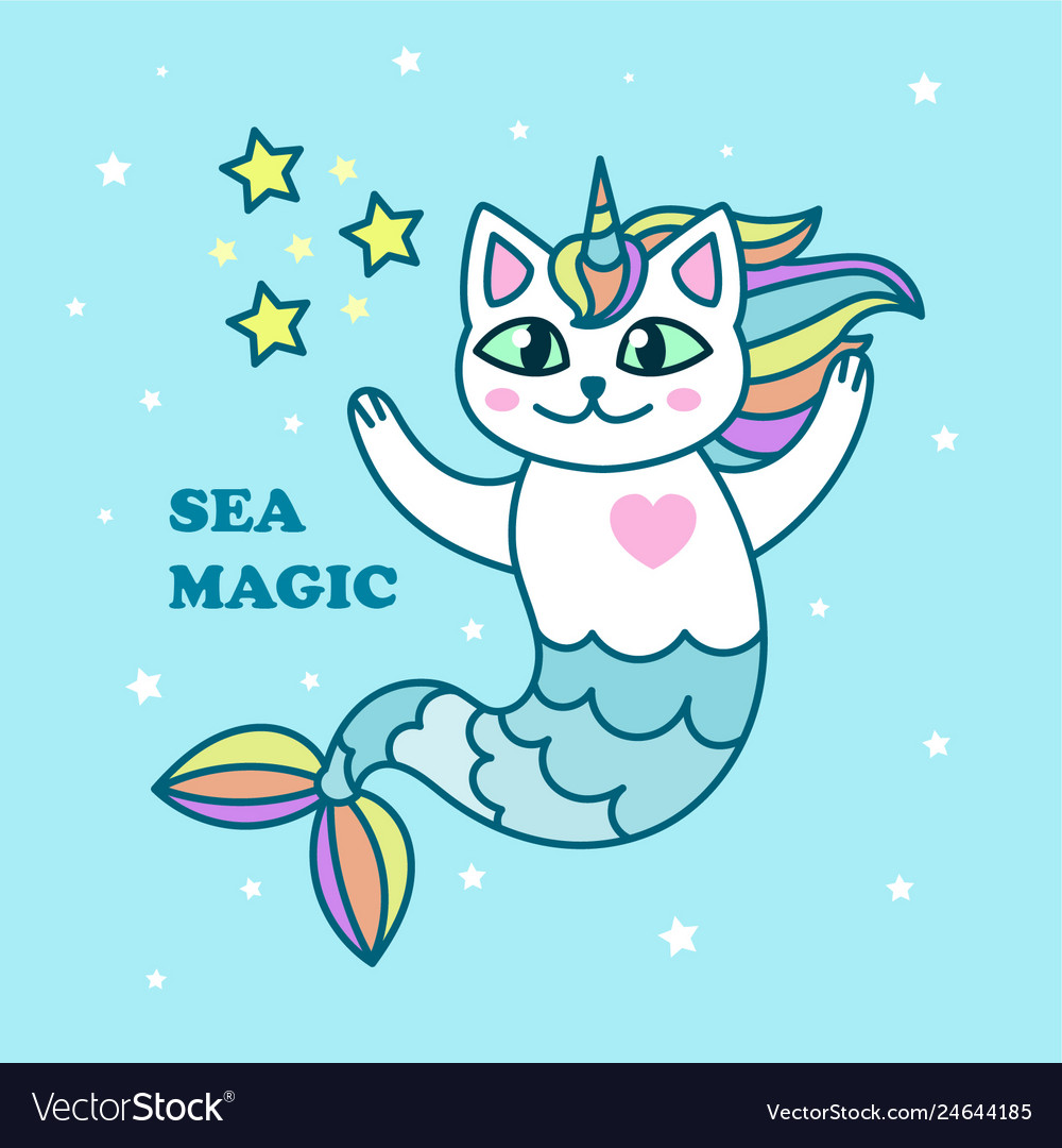 Cute mermaid cat on a blue background with hearts Vector Image