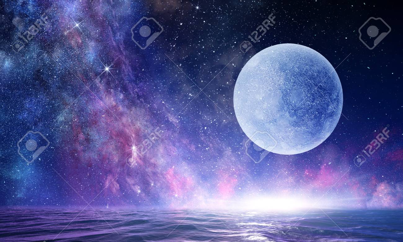 Background Fantasy Image With Full Moon In Night Glowing Sky Stock
