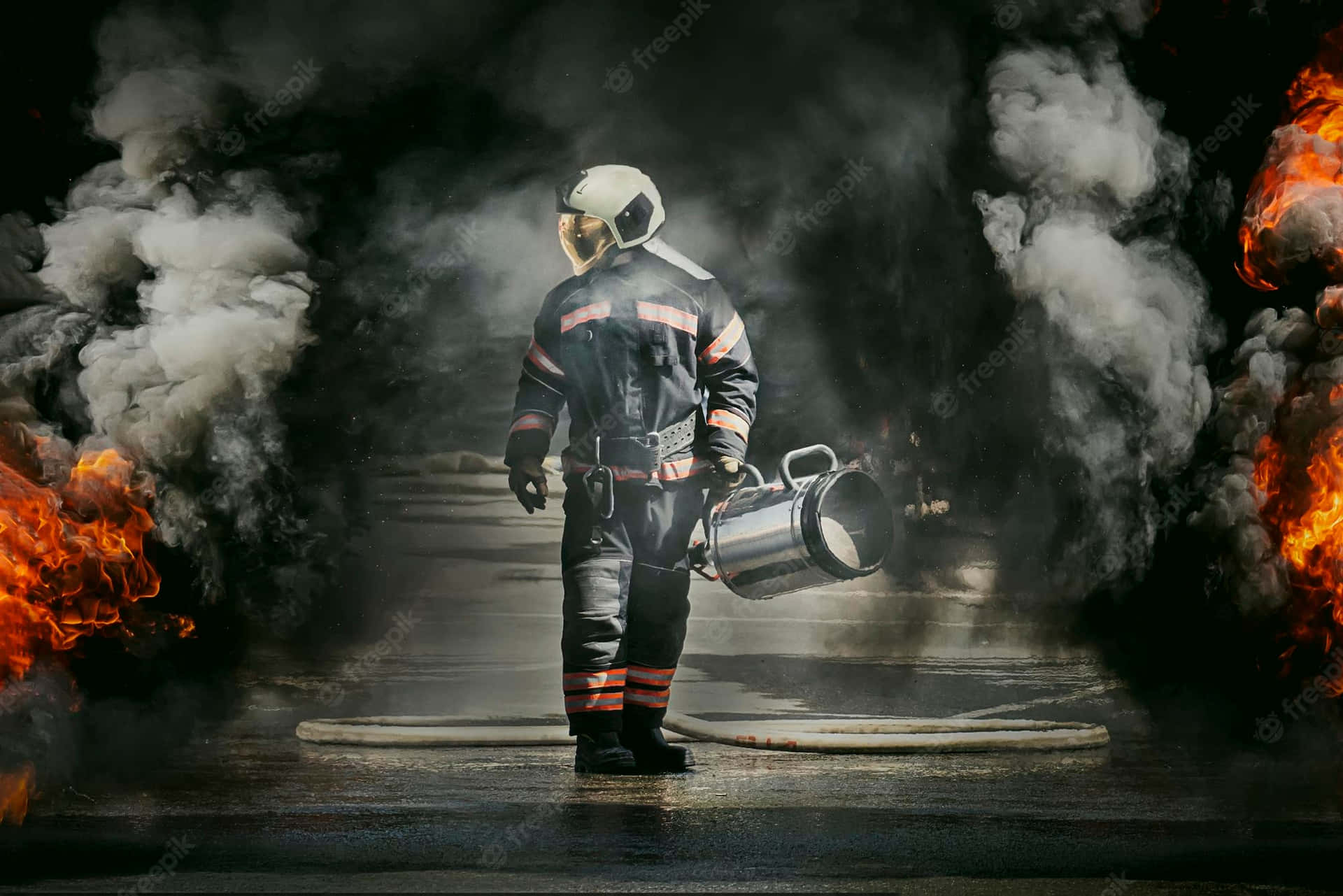 A firefighter from the Los Angeles Fire Department (LAFD) bravely combats a fire, equipped with protective gear and a fire extinguisher, amidst a scene of smoke and flames