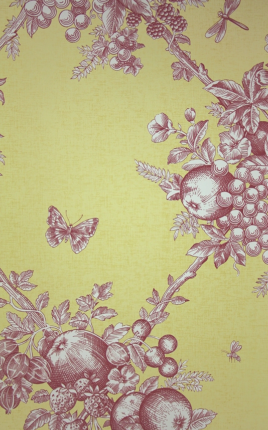 Toile Wallpaper With Criss Crossing Fruit Vines In Red On Yellow