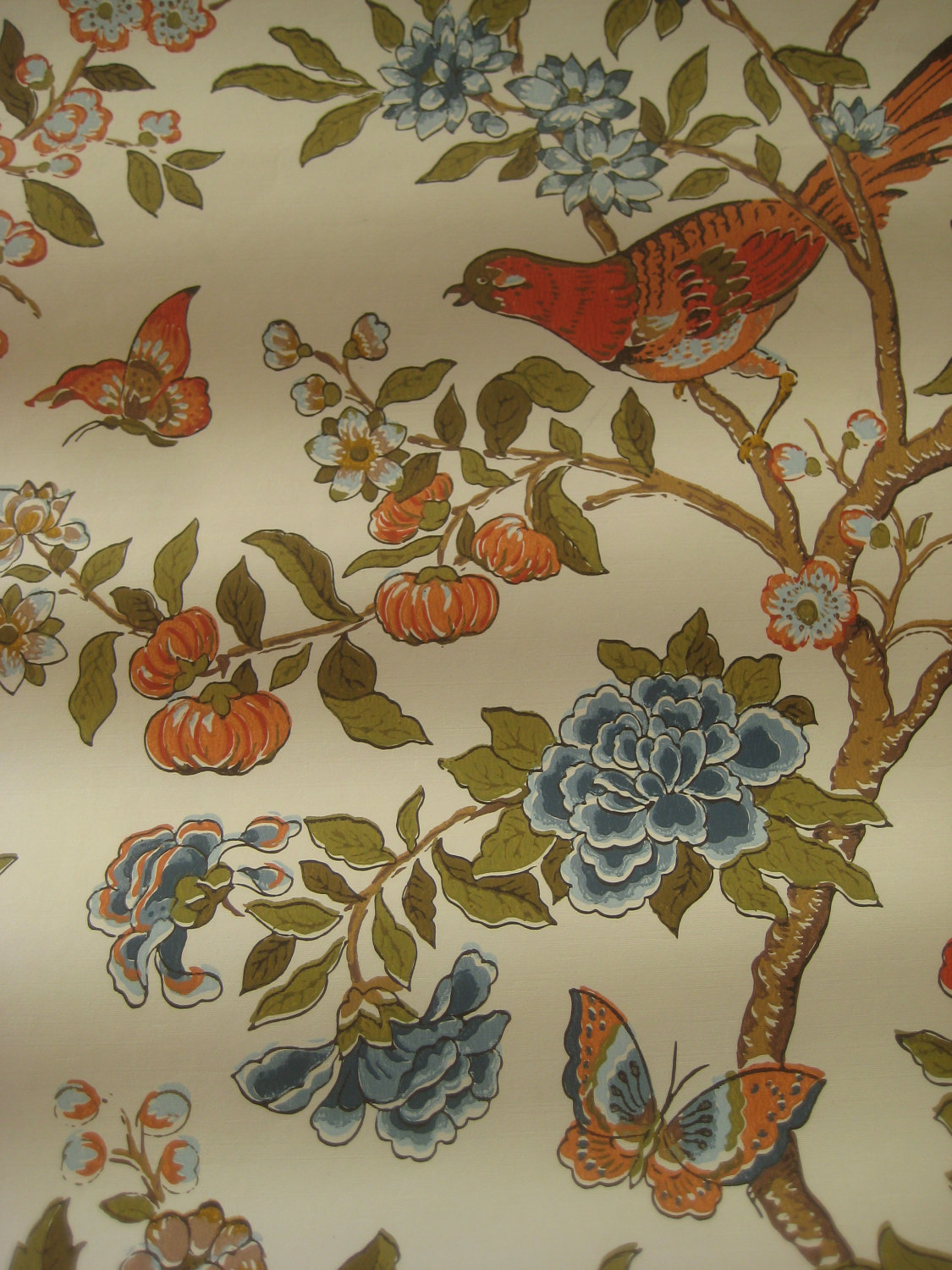 Vintage Wallpaper Birds Butterflies and Flowers Orange and Blues
