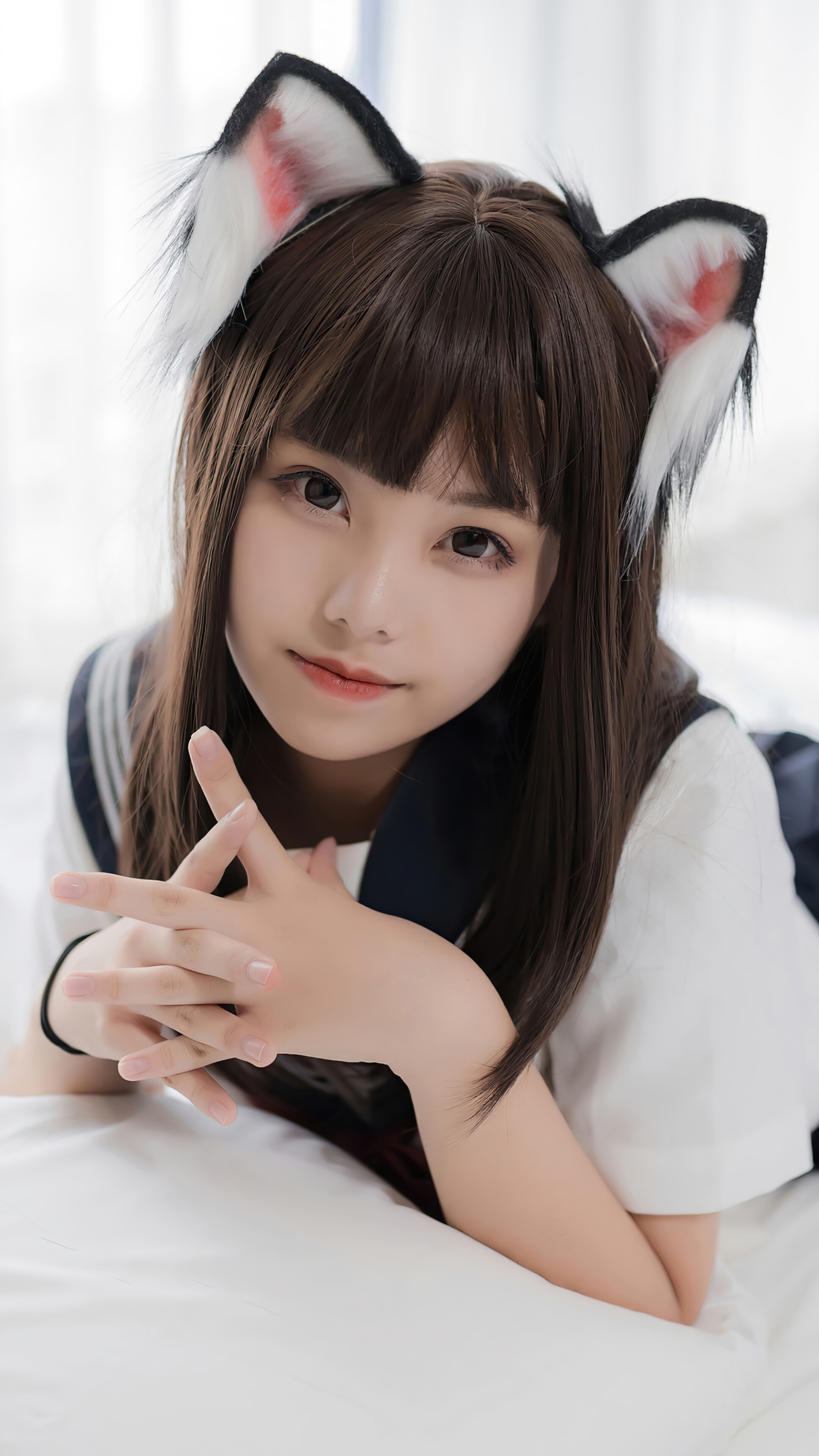Cute School Girl Cat Ears Asian Cosplay HD 4K Wallpaper 8245