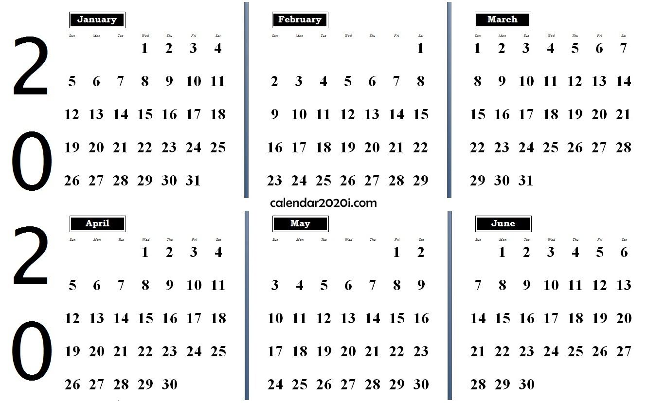 2020 6 Months Calendar from January to June Monthly calendar 1330x828