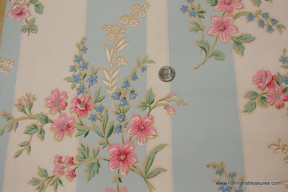 S Vintage Wallpaper Floral With Pink Flowers On Blue