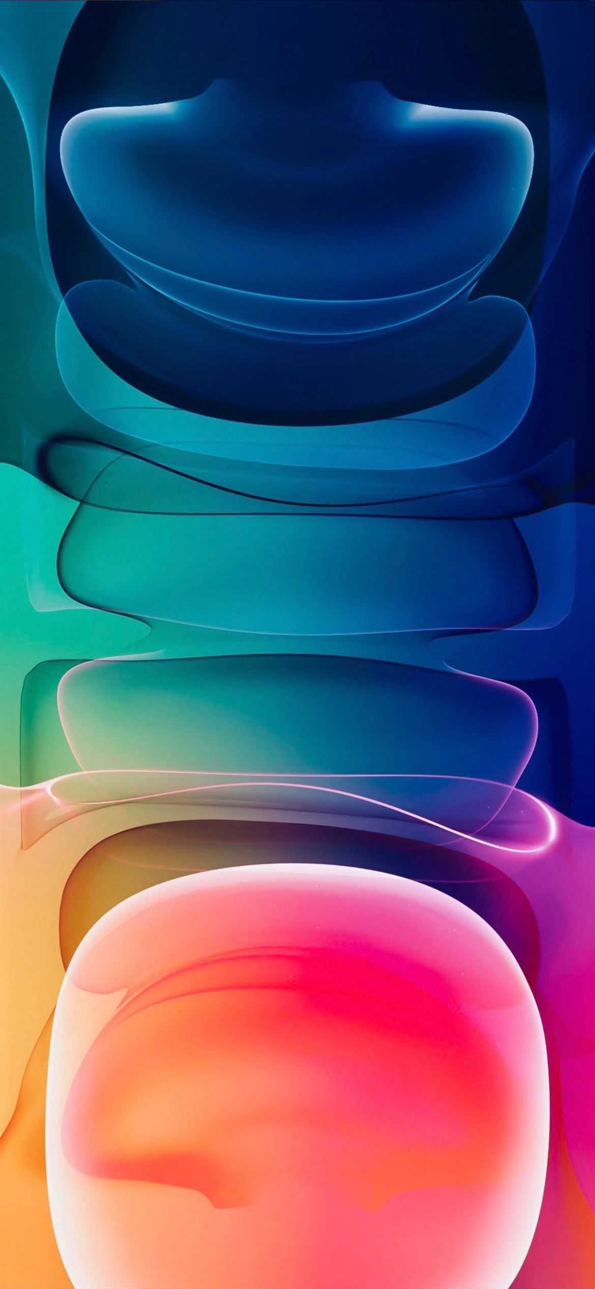 Abstract iPhone 16 wallpaper with vibrant, flowing shapes in blue, green, orange, and pink