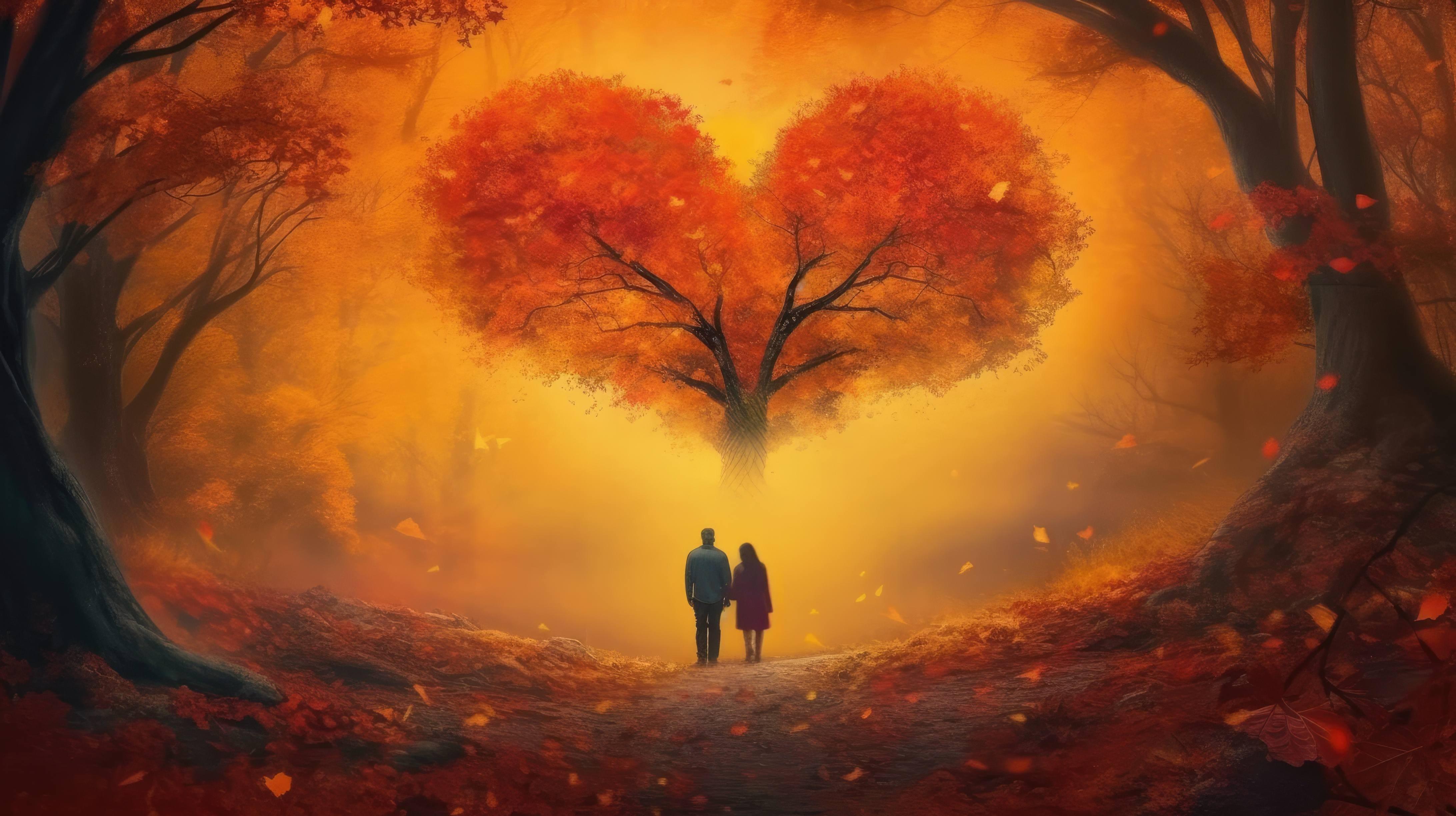 A 4K ultra hd wallpaper portraying a heart shaped tree with autumn