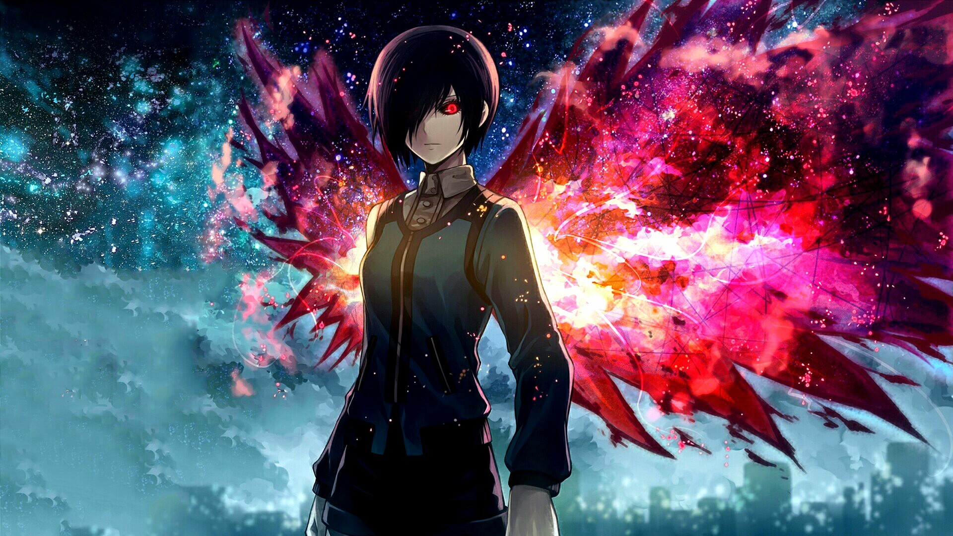A dark-haired anime girl with glowing red eyes stands against a backdrop of a vibrant, colorful galaxy and red, fiery wings, overlooking a cityscape
