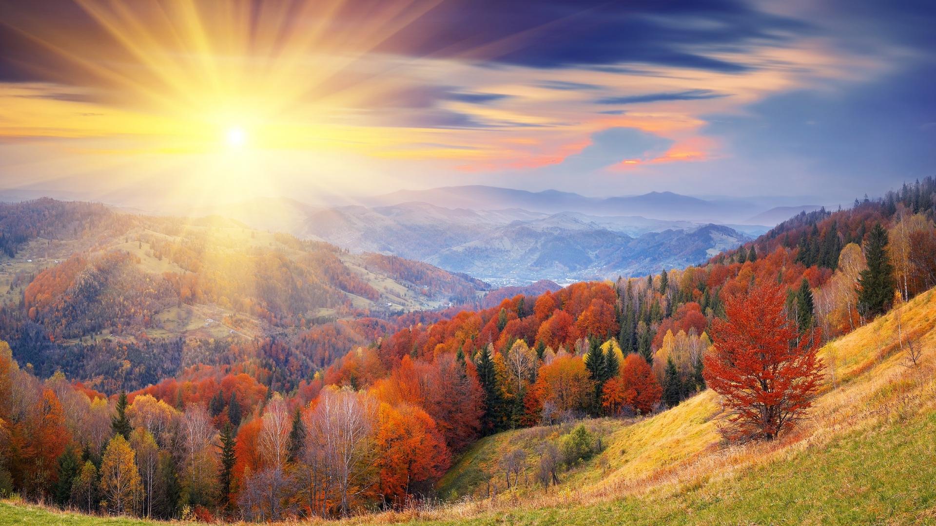 Sunrise over a breathtaking autumn landscape in the mountains. Colorful foliage covers the rolling hills, creating a vibrant scene. Perfect for a nature wallpaper