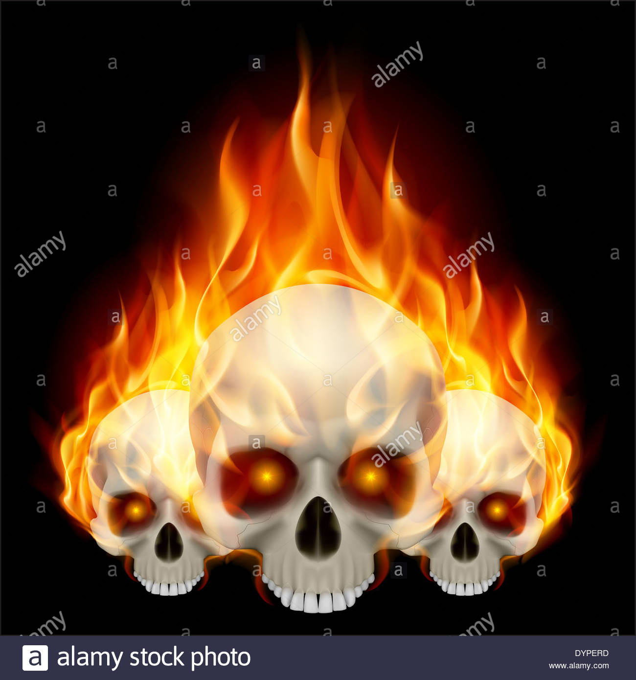 Three Flaming Skulls With Fiery Eyes On Black Background Stock