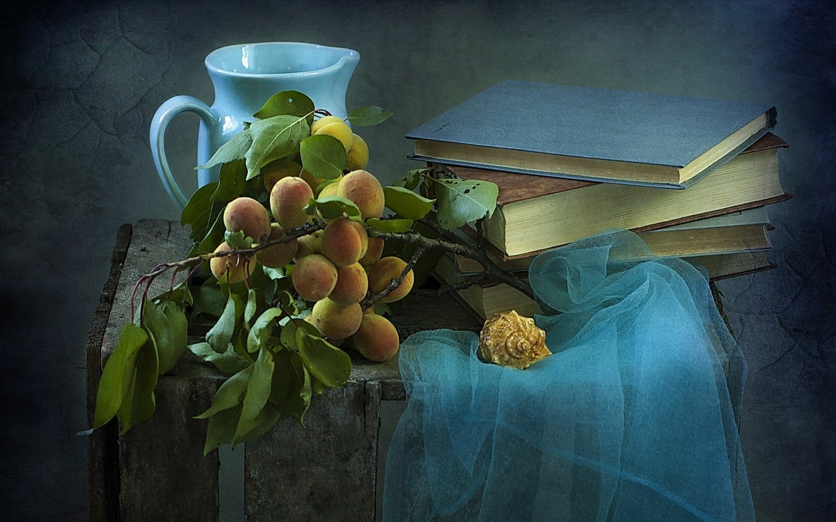 Shell Peach Pitcher Book Table Scarf Photography Still Life Wallpaper